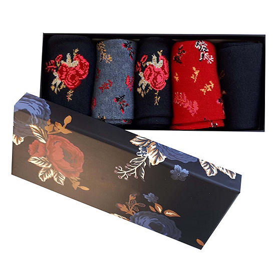  Ladies Pack Of 5 Socks In A Blue Floral Gift Box
