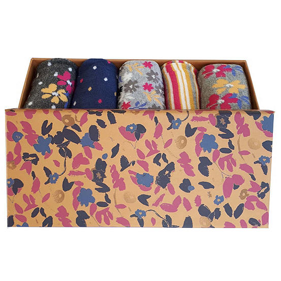  Ladies Pack Of 5 Socks In An Ochre Floral Gift Box