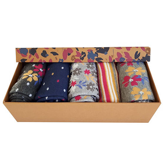  Ladies Pack Of 5 Socks In An Ochre Floral Gift Box